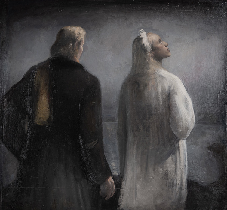 Painting by Hjalmar Hagelstam featuring presumed man and woman at the shore