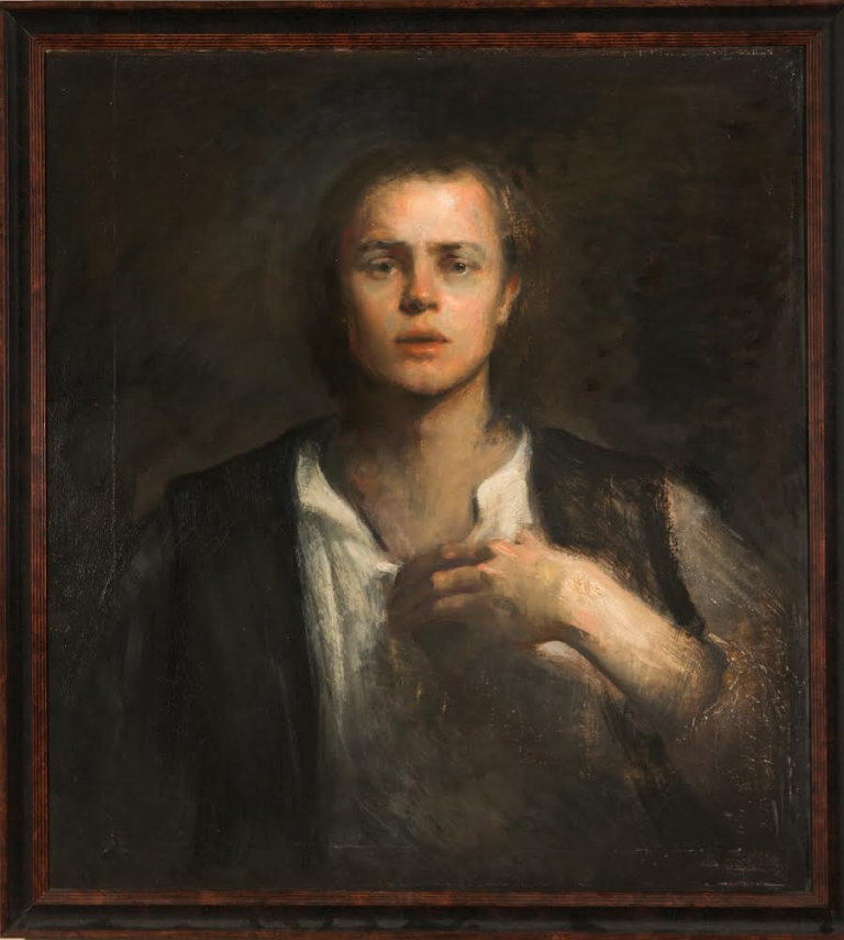 Painting featuring an life-like portrait of a young man